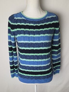 Talbots Striped Blue & Mint Knit Cotton Sweater Small Petite